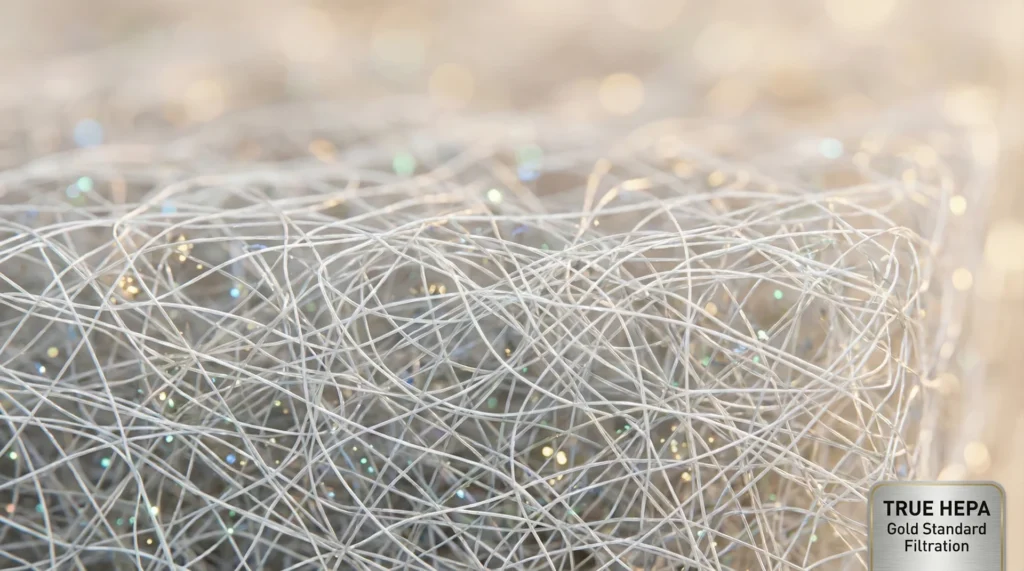 A detailed 3D render showing the dense fiberglass mesh of a True HEPA filter trapping microscopic particles.