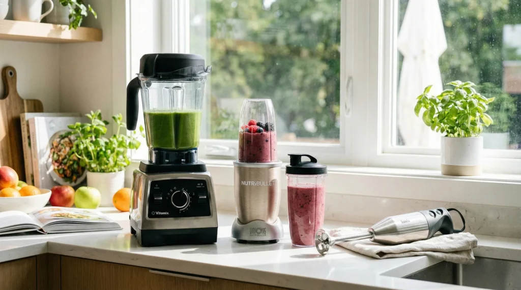 A side-by-side display of a full-size countertop blender, a compact personal blender, and a stainless steel immersion hand blender on a kitchen counter.