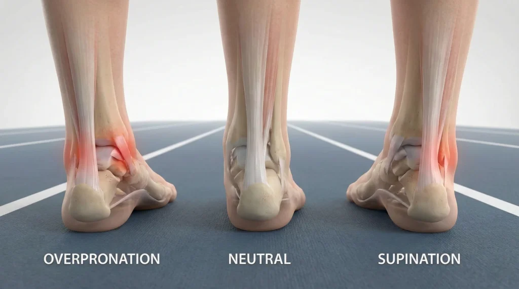 A side-by-side anatomical diagram showing neutral pronation, overpronation, and supination during a foot strike.