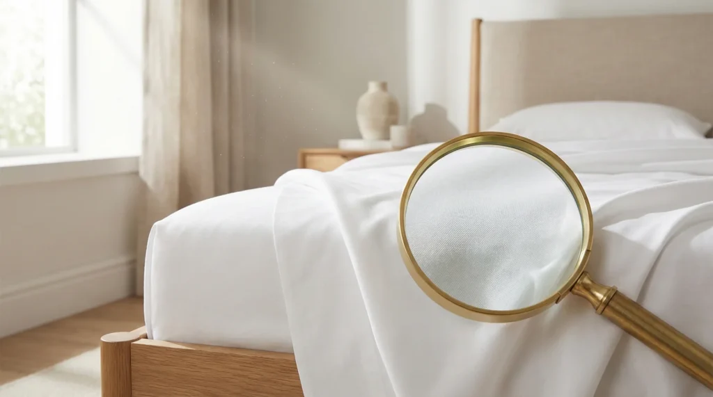 A close-up shot of crisp white cotton bed sheets with a magnifying glass showing the detailed thread weave.