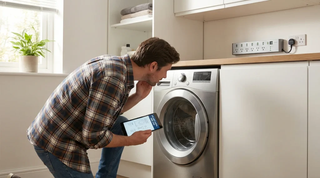 A homeowner listening for unusual noises from a washing machine while consulting a digital manual.
