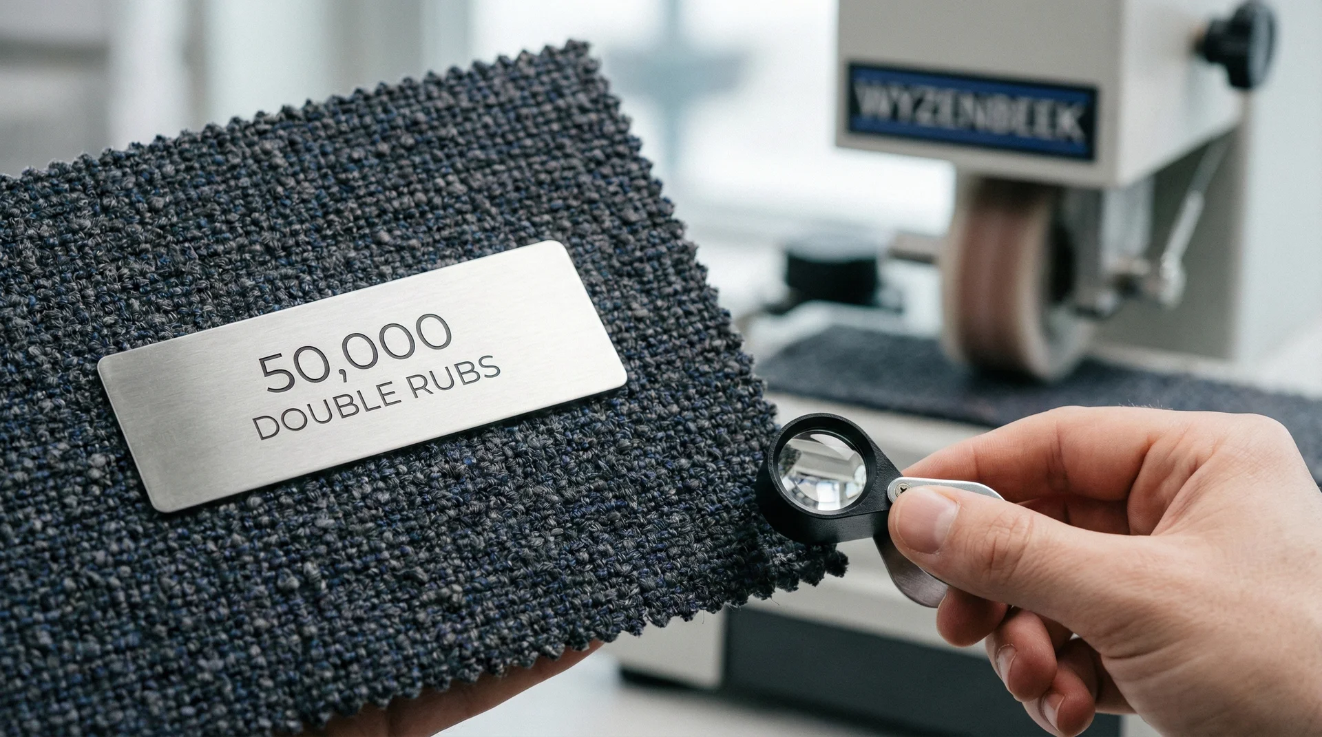 A close-up of a high-quality fabric swatch with a label indicating a high double rub count for durability.