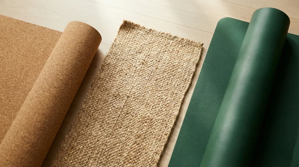A close-up comparison of various yoga mat materials including natural cork, woven jute, and smooth rubber textures.