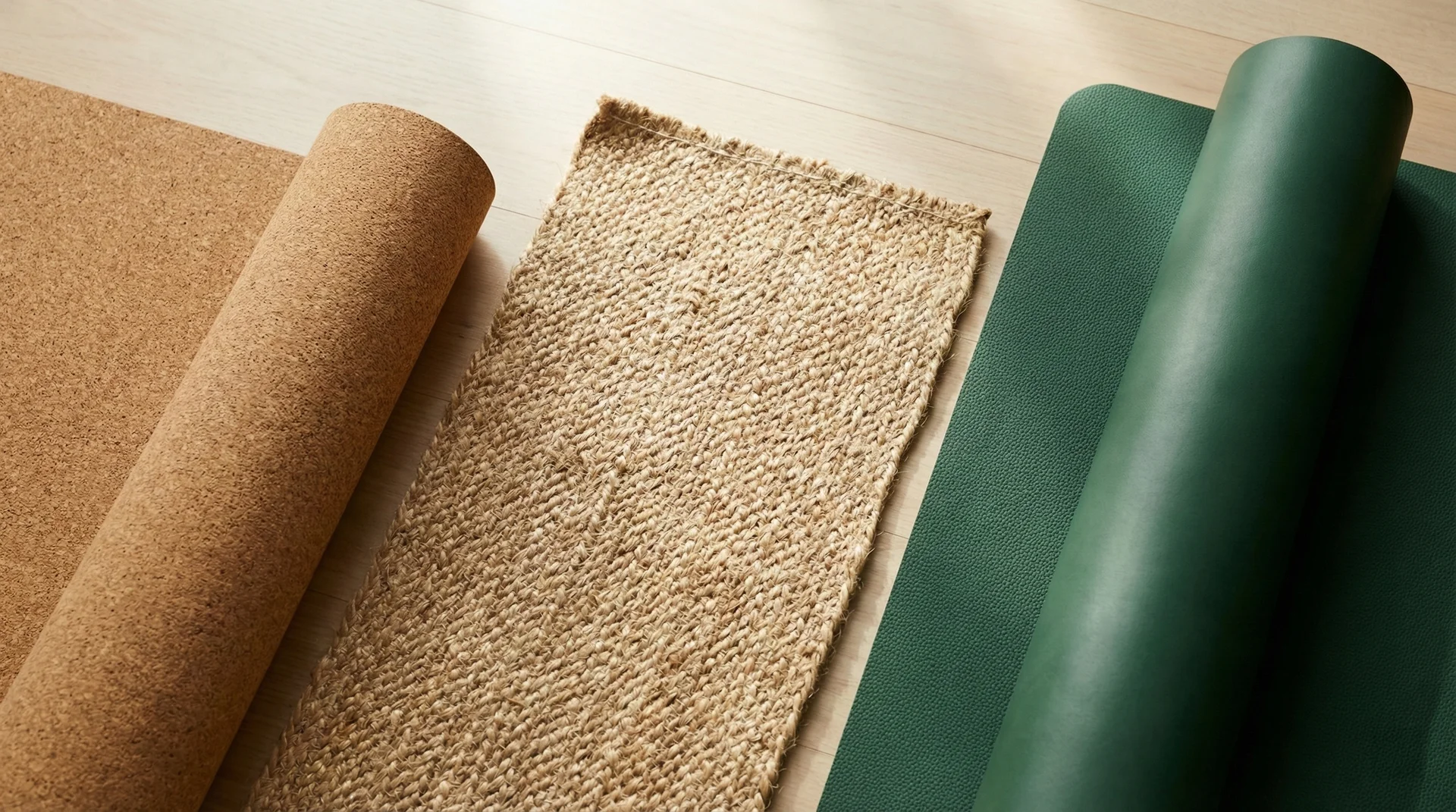 A close-up comparison of various yoga mat materials including natural cork, woven jute, and smooth rubber textures.