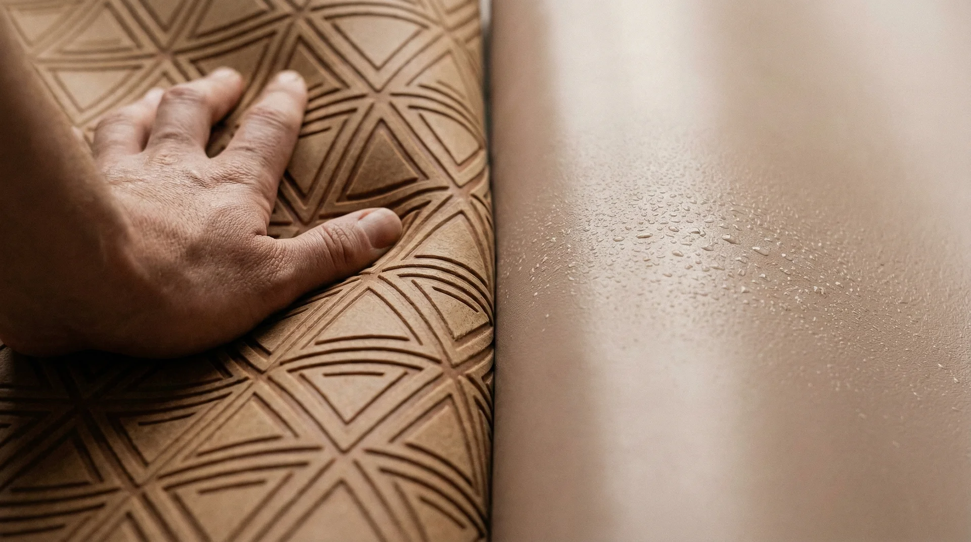 A close-up view comparing a textured rubber yoga mat and a smooth sticky mat to show grip and moisture resistance.