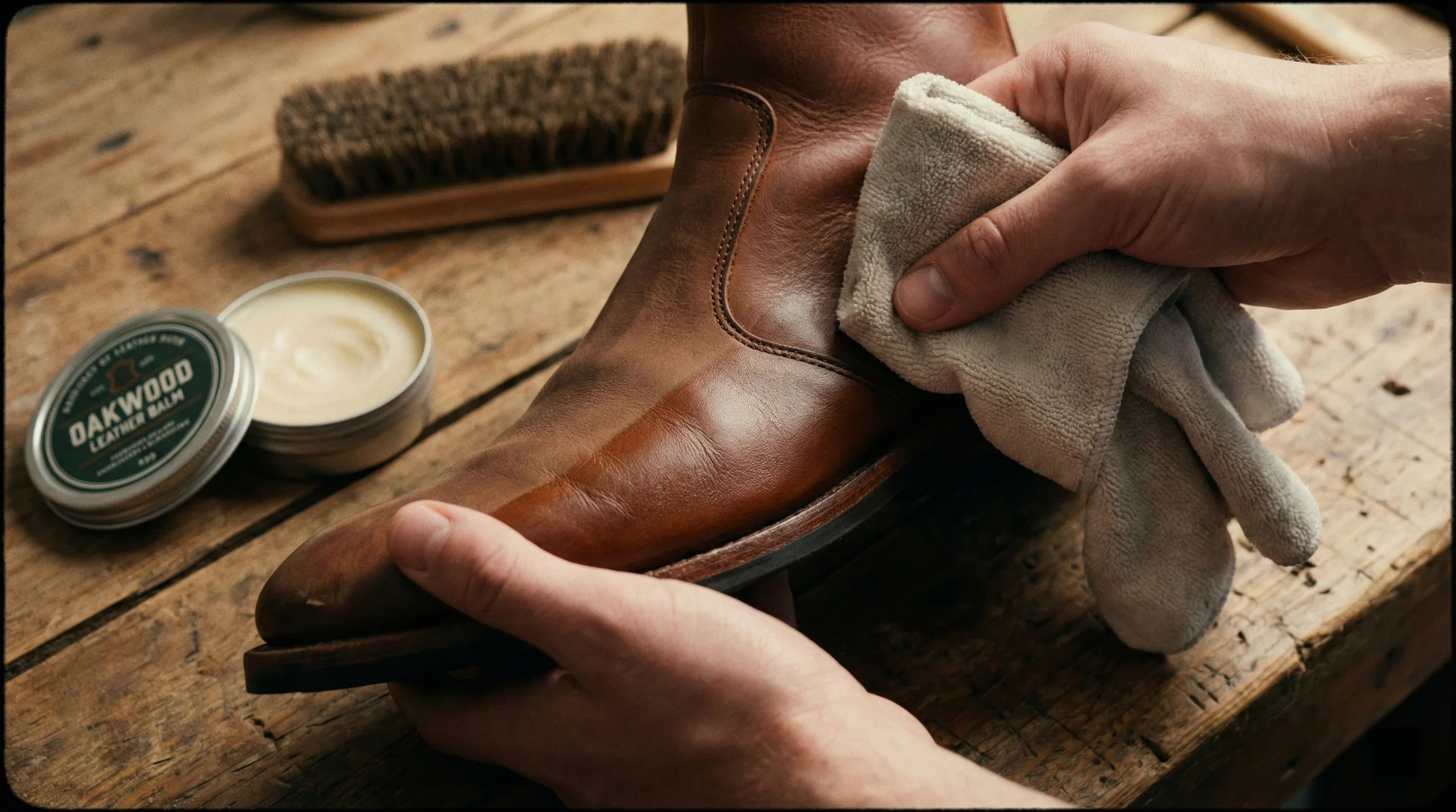 A close-up of hands massaging leather conditioner into a brown leather boot with a soft cloth.