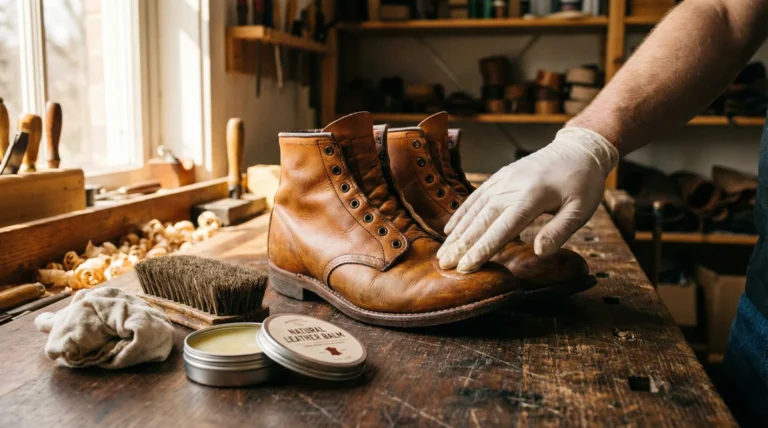 A close-up shot of premium leather boots, a horsehair polishing brush, and leather conditioner on a rustic wooden table.