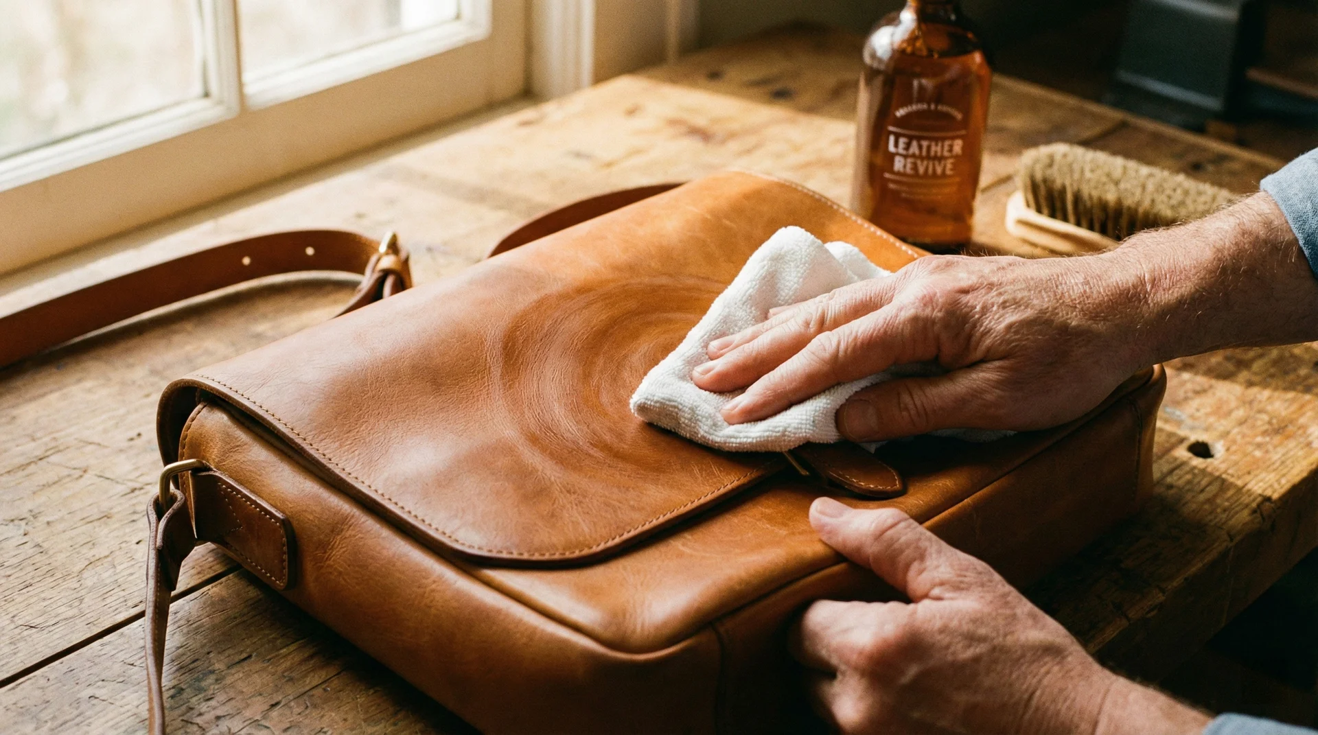 A close-up of hands using a white microfiber cloth to clean a tan leather bag on a wooden surface.