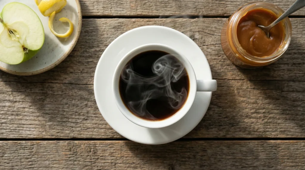 A conceptual photo showing a cup of coffee with an apple slice for acidity, caramel for body, and steam for aroma.