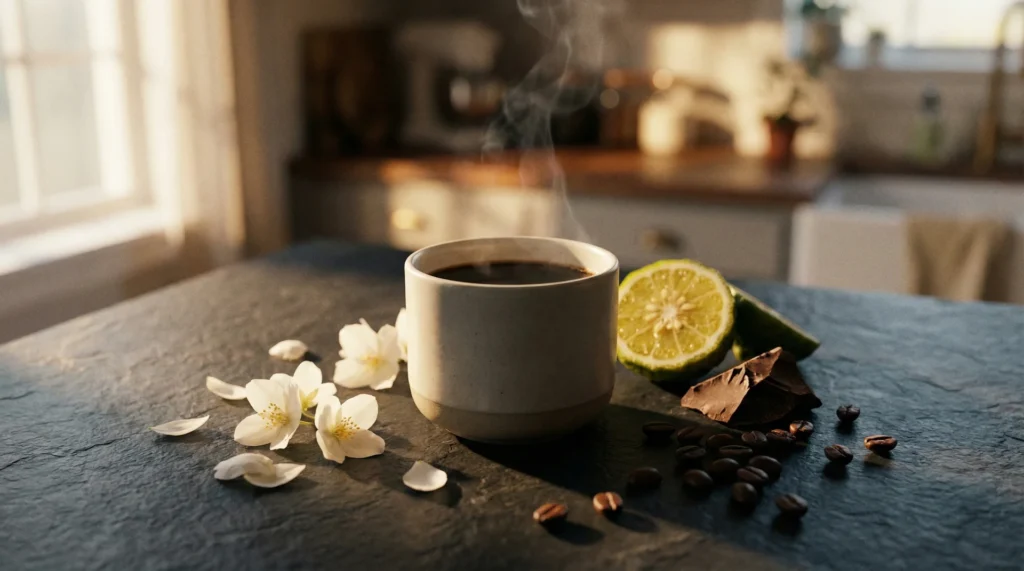 A minimalist cup of coffee on a dark table surrounded by jasmine flowers, bergamot citrus, and dark chocolate to represent different tasting notes.
