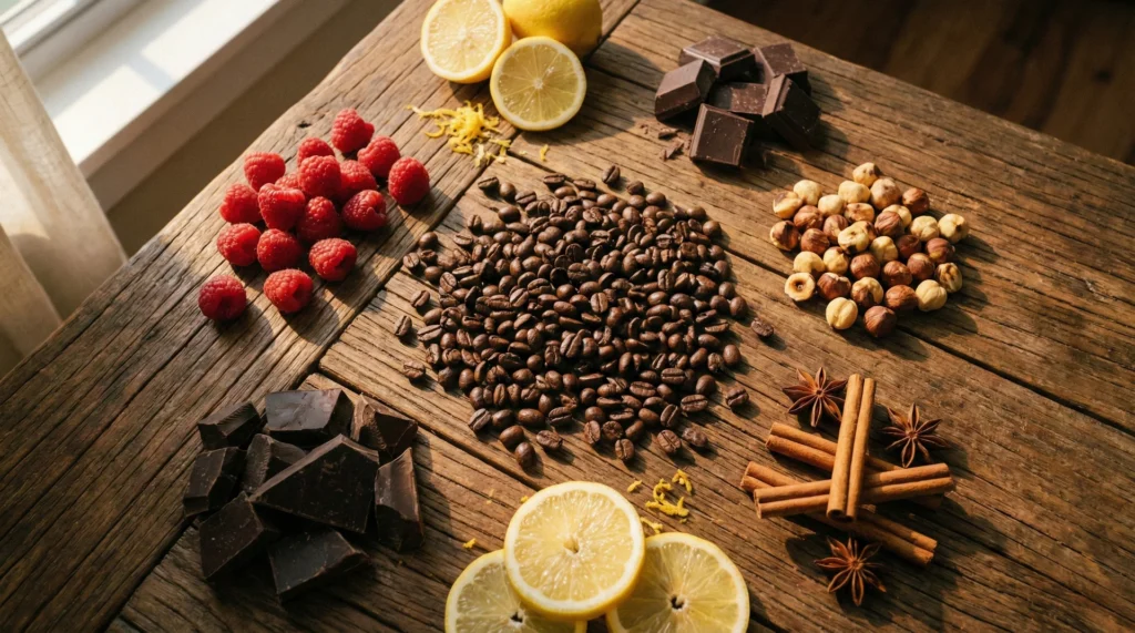 A creative flat lay showing coffee beans surrounded by raspberries, lemons, chocolate, and spices representing various flavor profiles.