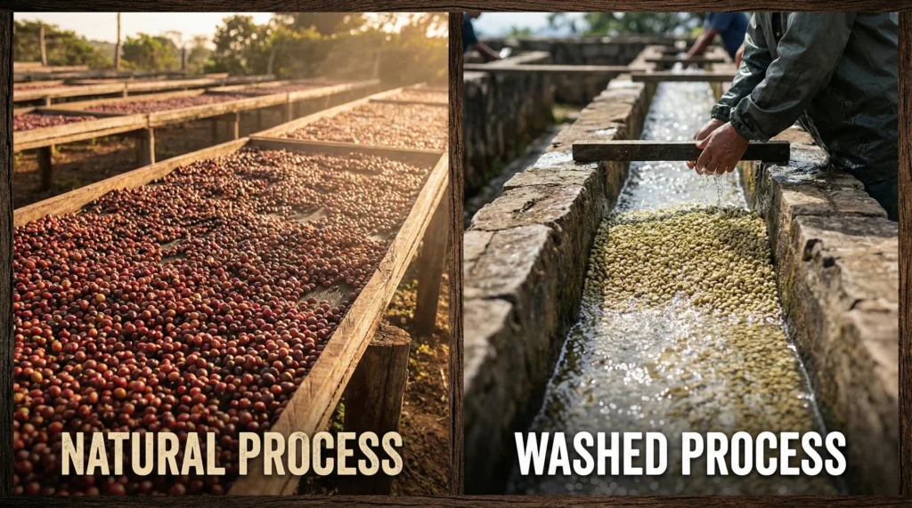 A split image showing coffee cherries drying in the sun for the natural process and clean beans being washed in water for the washed process.