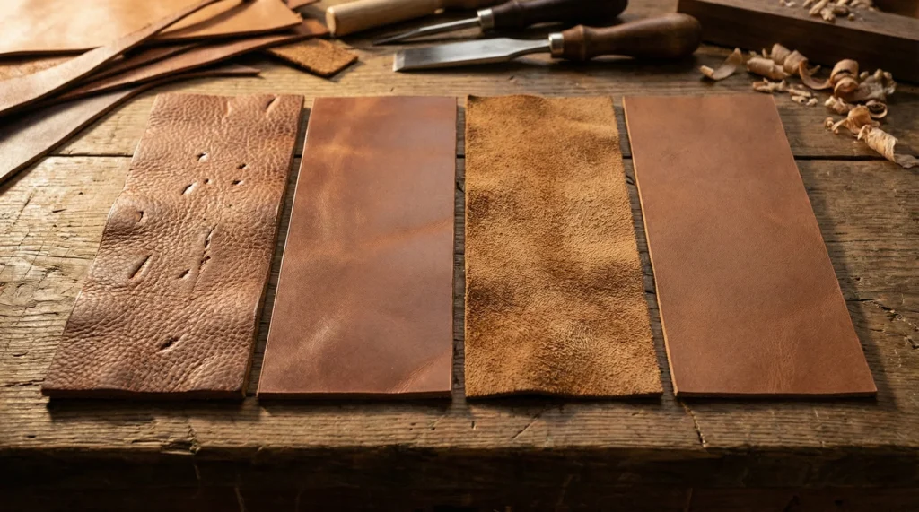 Close-up comparison of full-grain, top-grain, suede, and genuine leather samples side-by-side.