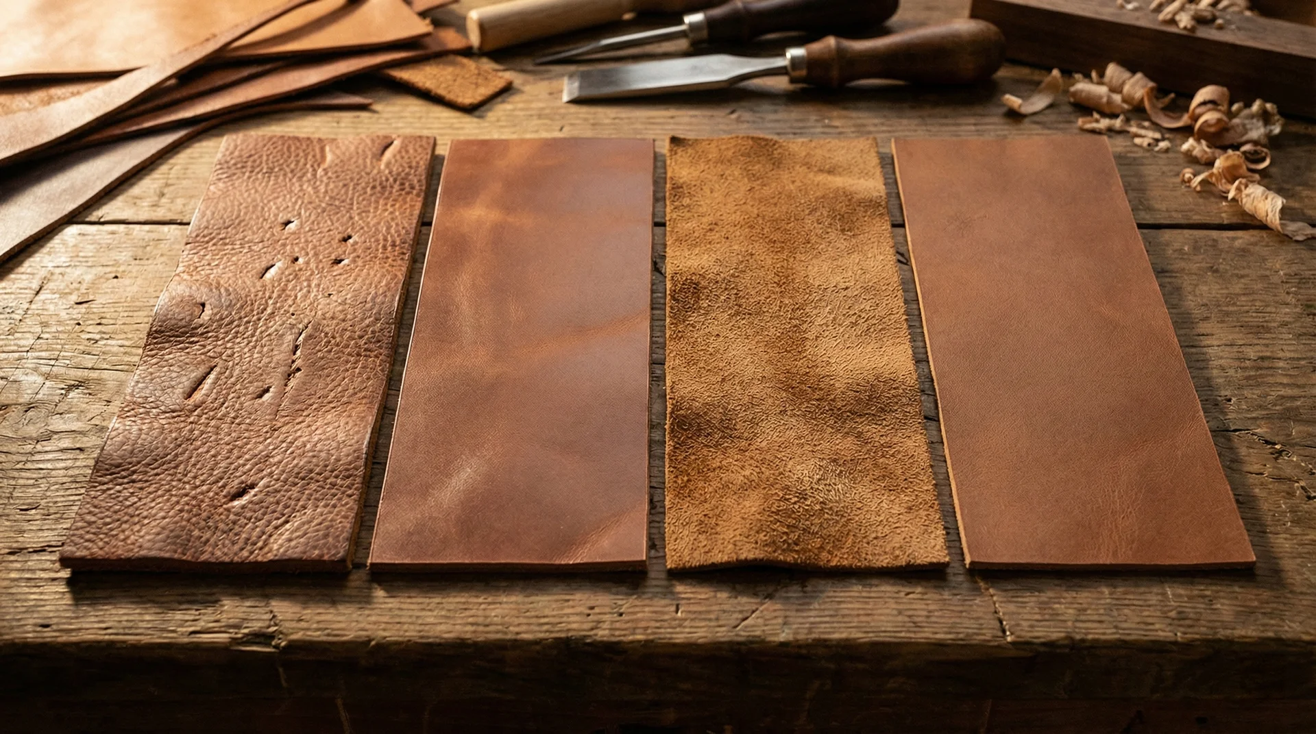 Close-up comparison of full-grain, top-grain, suede, and genuine leather samples side-by-side.