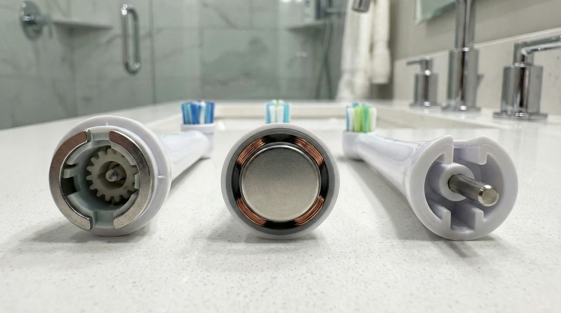 A close-up comparison of Oral-B and Philips Sonicare style brush head attachment points showing different mechanical designs.