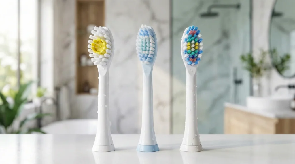 A close-up comparison of whitening, sensitive, and deep-clean electric toothbrush replacement heads.
