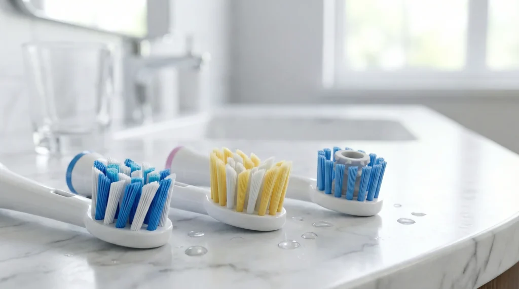 A detailed macro shot showing various types of electric toothbrush brush heads with different bristle shapes and colors on a clean marble counter.