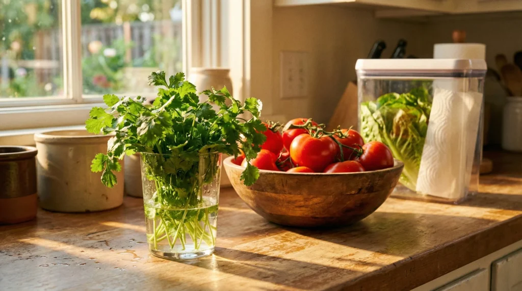 A sunlit kitchen counter showing herbs in a glass of water, tomatoes in a bowl, and lettuce stored with a paper towel.