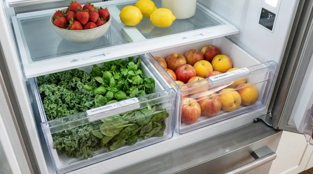 An organized refrigerator showing crisper drawers with humidity sliders and fresh berries on a middle shelf.