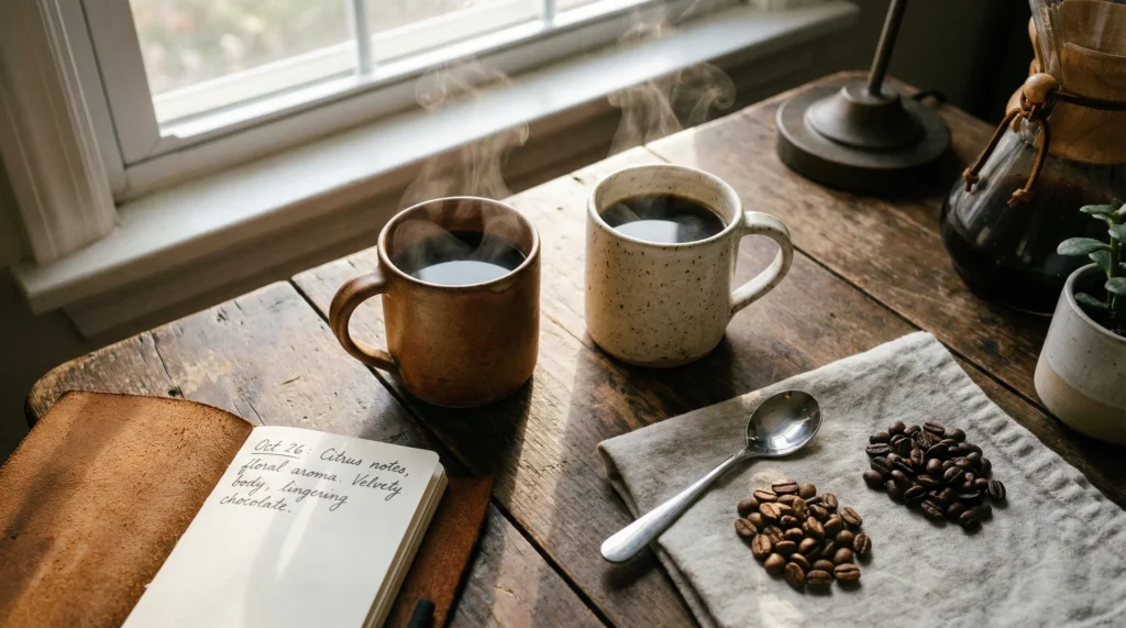Two cups of black coffee side-by-side on a wooden table with a handwritten tasting journal and coffee beans.