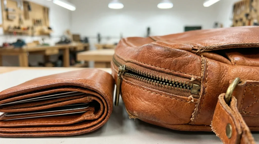 A close-up of an overstuffed leather bag showing strained seams and tight hardware.