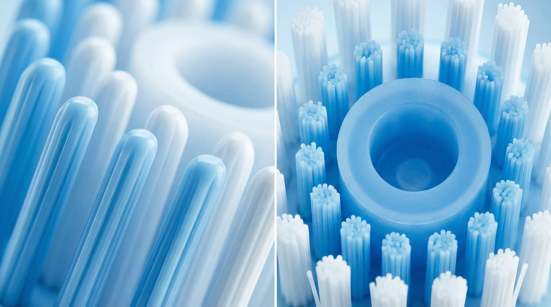 A close-up macro shot showing the rounded tips of high-quality toothbrush bristles and a silicone polishing element.