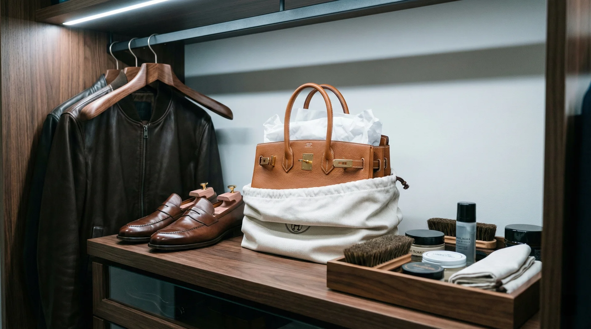 A leather handbag in a cotton dust bag and shoes with cedar trees on a wooden closet shelf.
