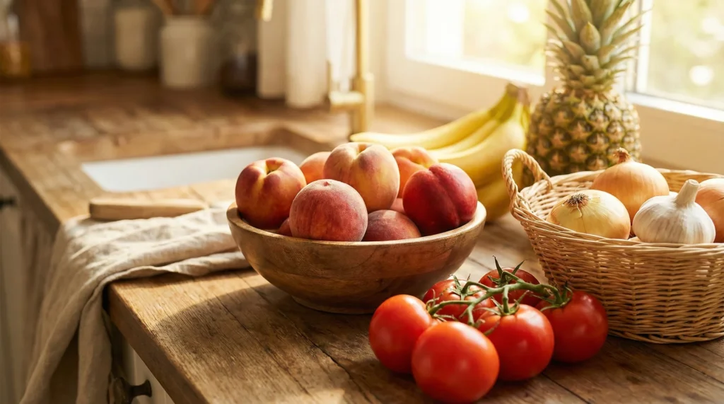 A variety of fresh tomatoes, peaches, onions, and tropical fruits arranged beautifully on a kitchen counter in natural sunlight.