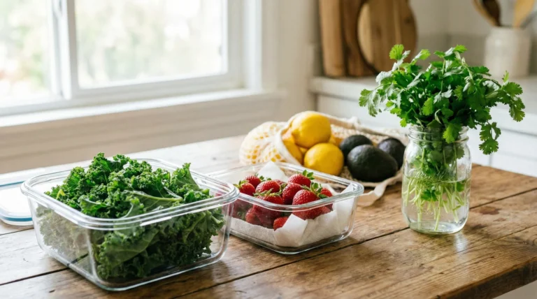 An organized arrangement of fresh kale, strawberries, and herbs stored in glass containers and jars on a kitchen counter to extend shelf life.