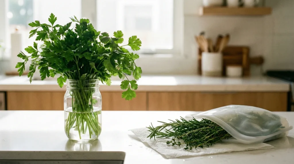 Jars of fresh parsley in water and rosemary sprigs on a damp paper towel on a kitchen counter.