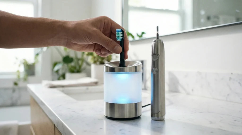 An electric toothbrush head being sanitized in a modern UV light chamber on a clean bathroom counter.