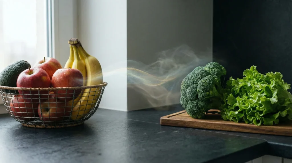 A split view showing ethylene-producing fruits like apples and bananas separated from sensitive green vegetables to prevent spoilage.