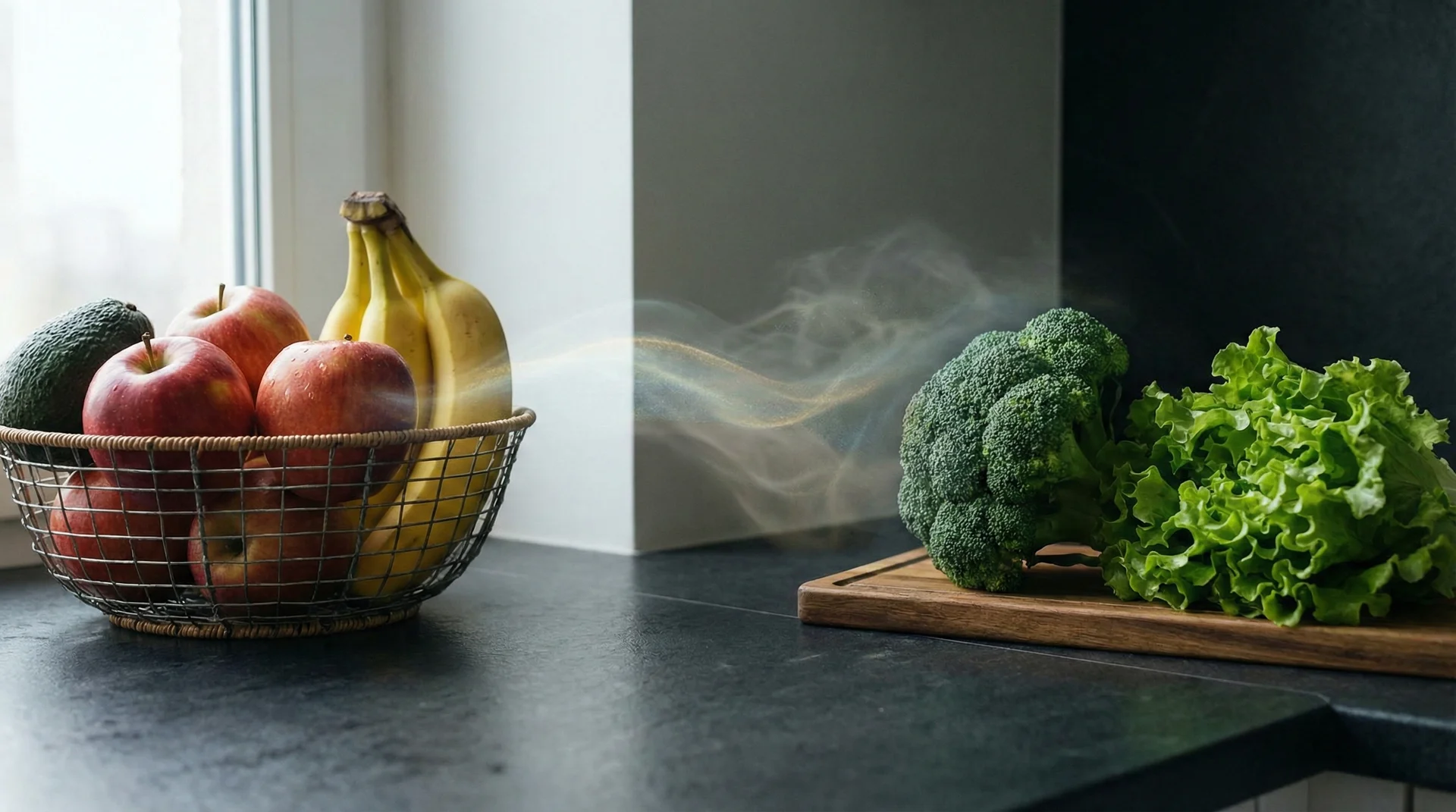 A split view showing ethylene-producing fruits like apples and bananas separated from sensitive green vegetables to prevent spoilage.