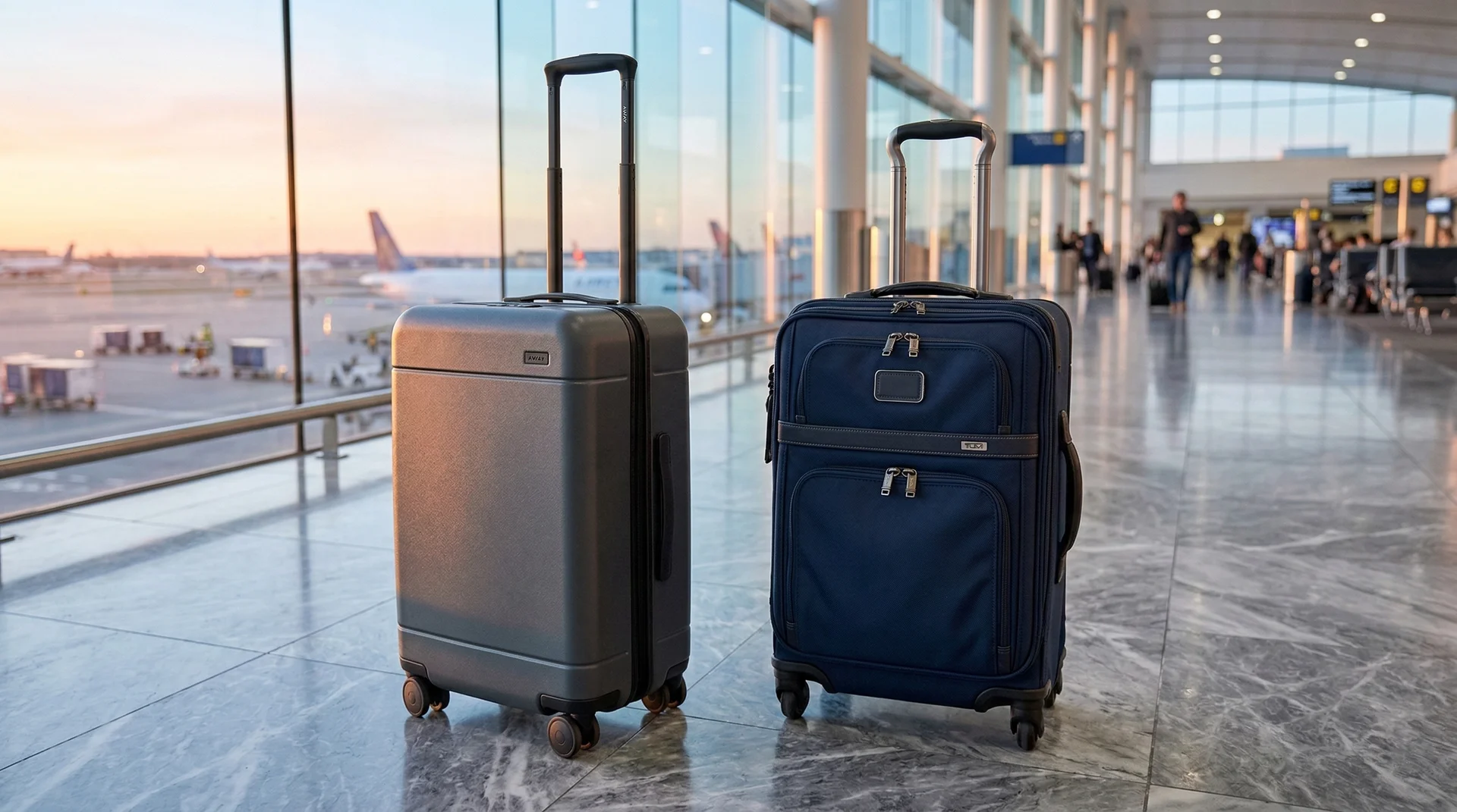 A side-by-side comparison of a sleek grey hardside suitcase and a navy blue softside suitcase with external pockets in an airport.