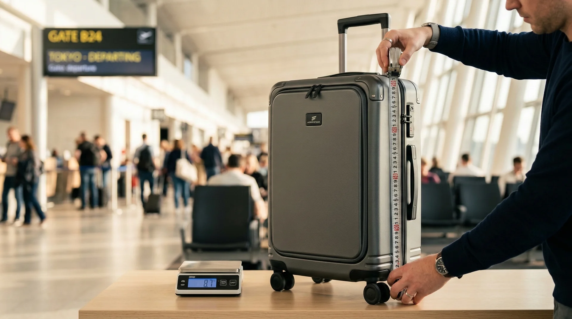 A person using a measuring tape to check the dimensions of a hardshell carry-on suitcase next to a luggage scale.