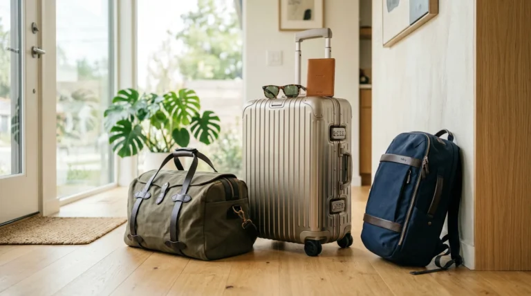 A variety of travel luggage including a champagne hardshell suitcase, a green canvas duffel, and a navy backpack in a sunlit modern room.