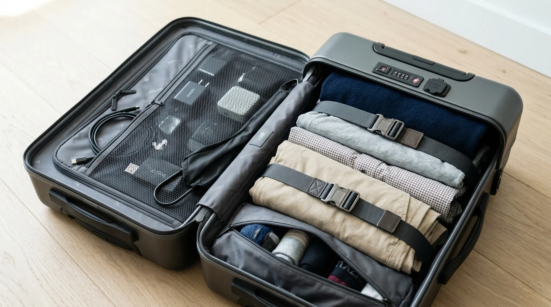 An open suitcase showcasing internal compression straps, mesh pockets, and an integrated TSA lock.