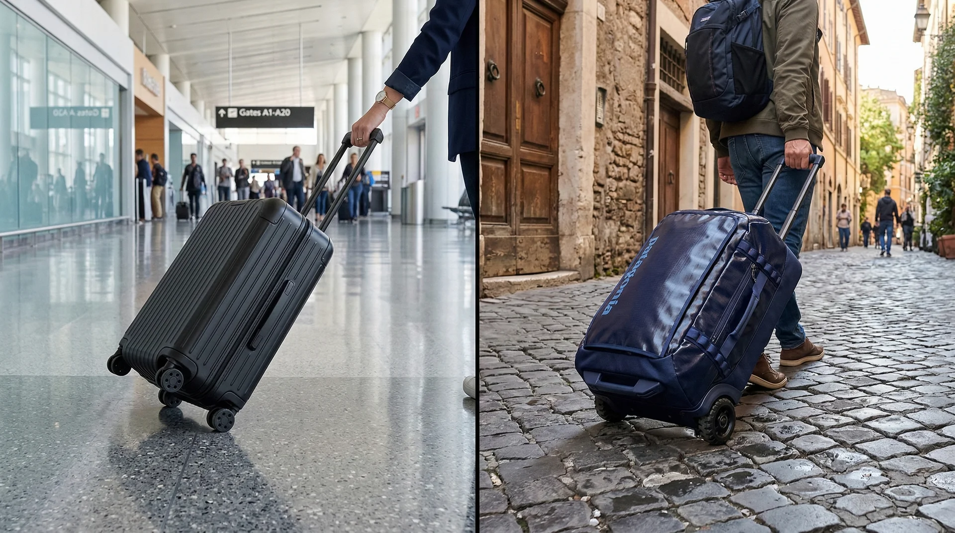 A split view showing four-wheel spinner luggage on a smooth floor and two-wheel luggage on a cobblestone street.