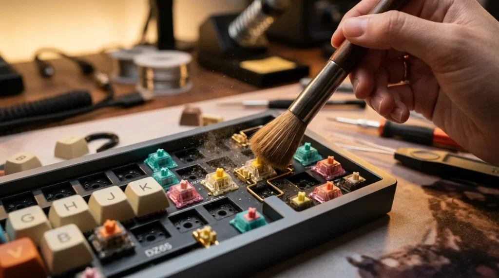 A close-up shot of a soft brush cleaning dust from mechanical keyboard switches to improve performance.