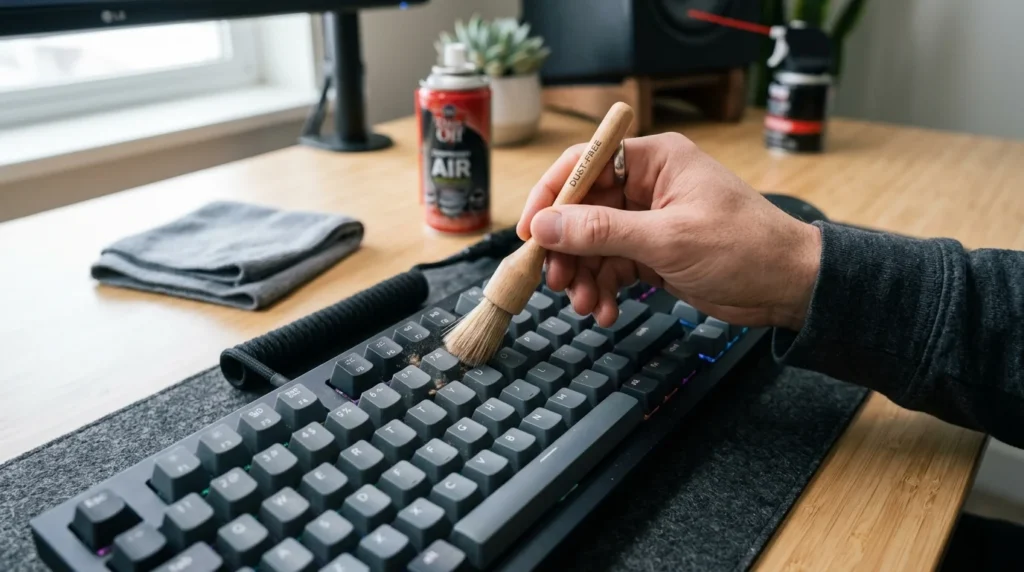A person using a soft brush to clean dust from between mechanical keyboard keycaps on a desk.