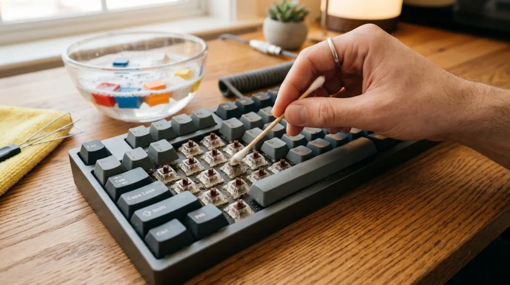 A close-up shot of a person using a cotton swab to clean the plate between mechanical keyboard switches.