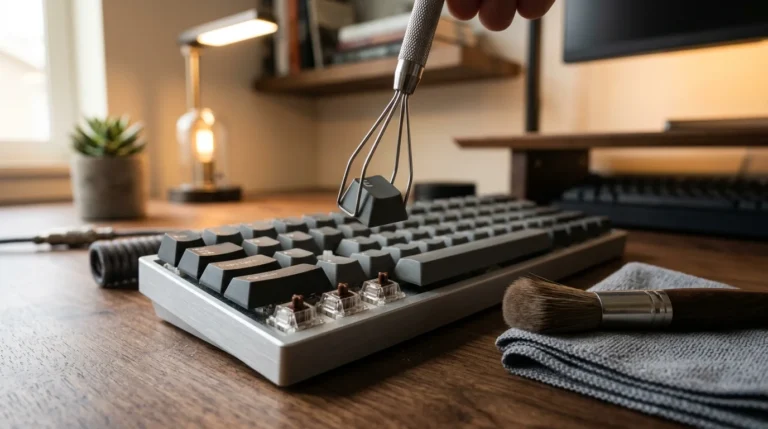 A close-up, high-quality image of a mechanical keyboard being cleaned with a keycap puller and a brush on a wooden desk.