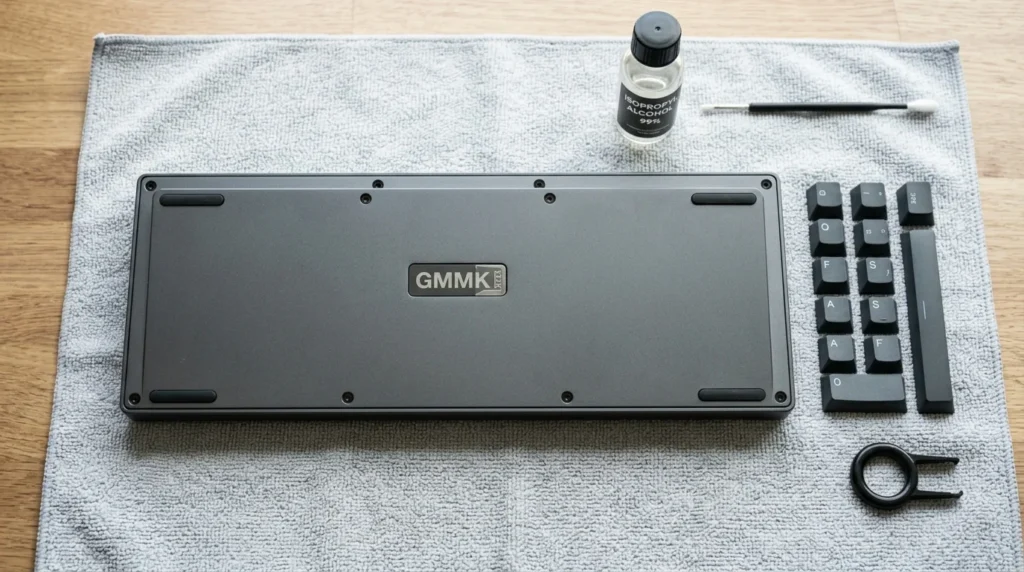 A mechanical keyboard flipped upside down on a towel with keycaps removed for cleaning after a spill.