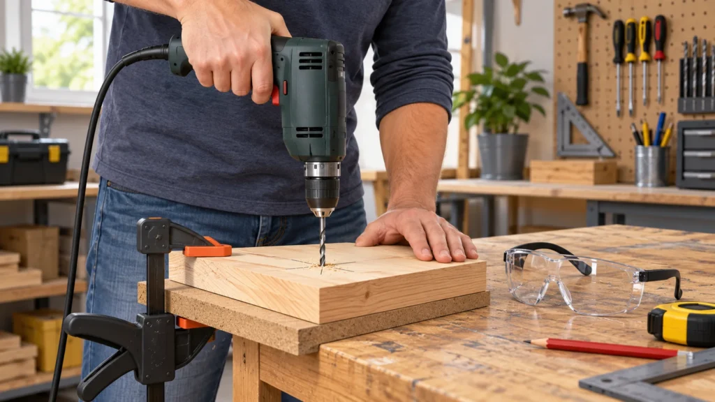 Unbranded electric drill aligned with a marked and clamped wooden board