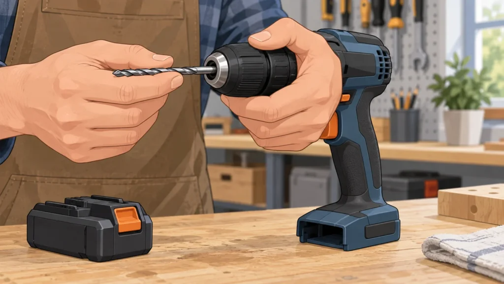 Hands inserting and tightening a drill bit in an unbranded drill chuck