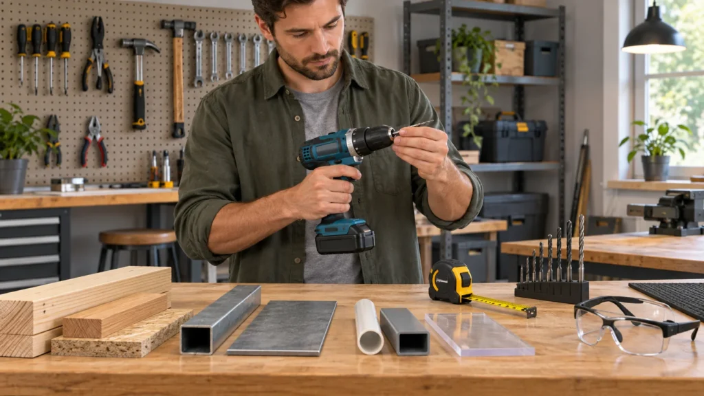 Person preparing an unbranded electric drill and drill bits on a workbench