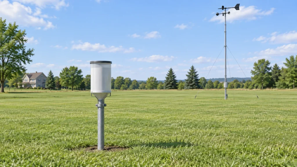 Illustration of an unobstructed level rain gauge and clear-air wind sensor mast