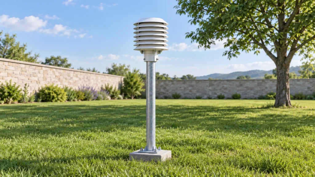 Illustration of a shielded temperature and humidity sensor mounted over grass
