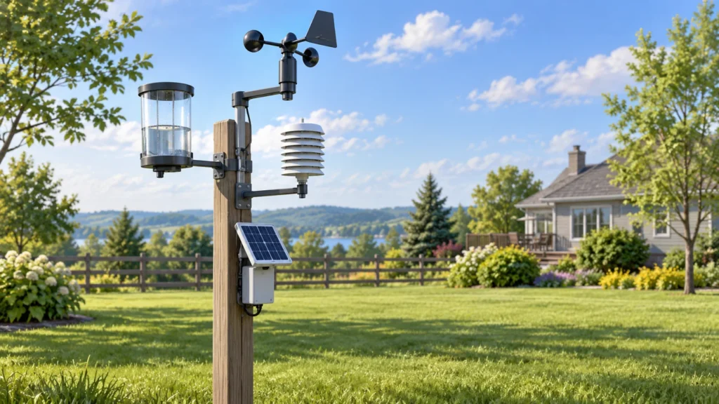 Illustration of outdoor weather sensors mounted in an open backyard