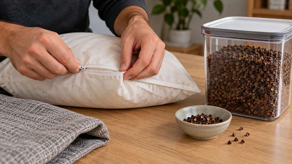A cushion liner is closed beside a sealed container holding excess buckwheat hulls.